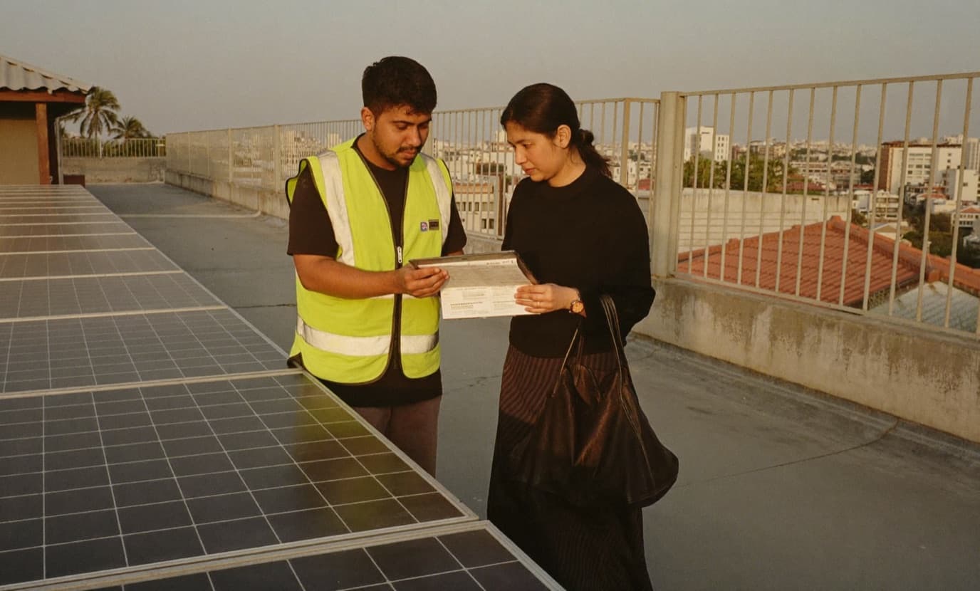A solar engineer and a customer reviewing the installation checklist on a rooftop beside solar panels